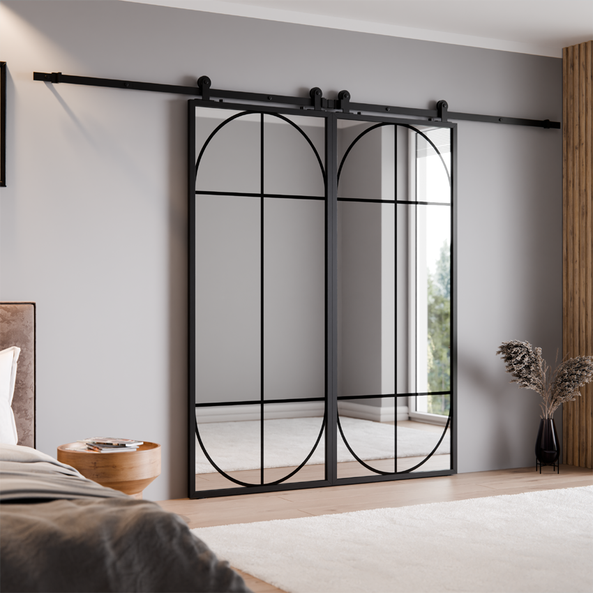 DRZWI PRZESUWNE BALDUR PODWÓJNE ALUMINIUM LOFT LUSTRO SREBRNE ŁUK 1