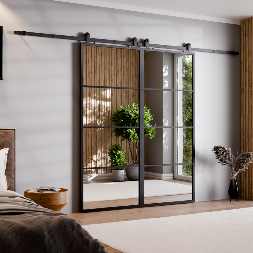 DRZWI PRZESUWNE BALDUR PODWÓJNE ALUMINIUM LOFT LUSTRO SZPROS