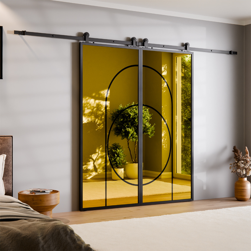 DRZWI PRZESUWNE BALDUR PODWÓJNE ALUMINIUM LOFT LUSTRO ZŁOTE ŁUK 5
