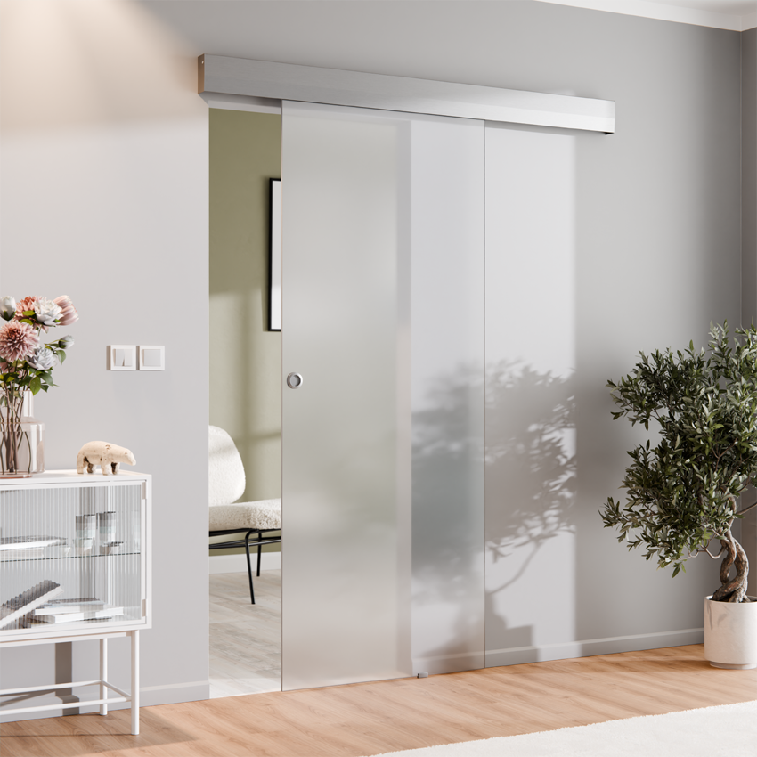 ♥ Drzwi Szklane Przesuwne 650x2095 SATYNA SILVER +muszelka Z MUSZELKĄ ♥