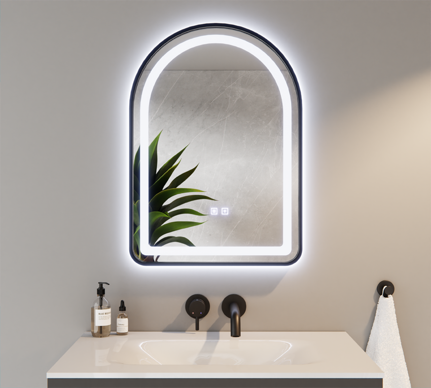Semi-oval LED Tricolor Mirror in Black Frame with Warming Mat 50x70cm VANESSA