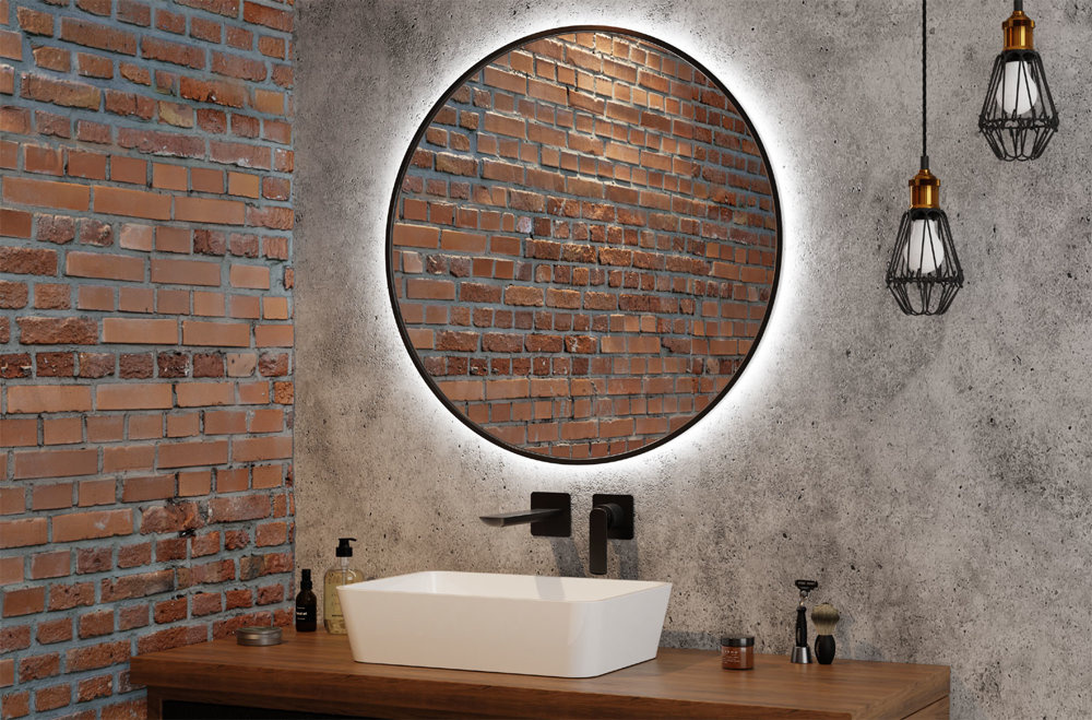 ♥ Lustro Okrągłe Ścienne w Czarnej Ramie 90cm Podświetlone LED ♥