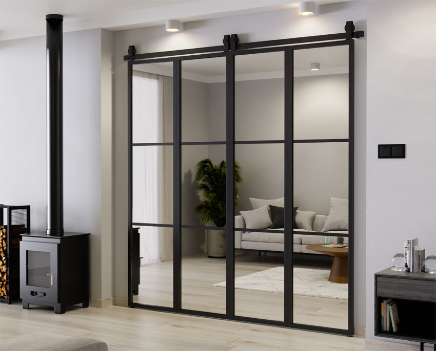 DRZWI PRZESUWNE HARMONIJKOWE PODWÓJNE ALUMINIUM LOFT LUSTRO 2x97 LOKI