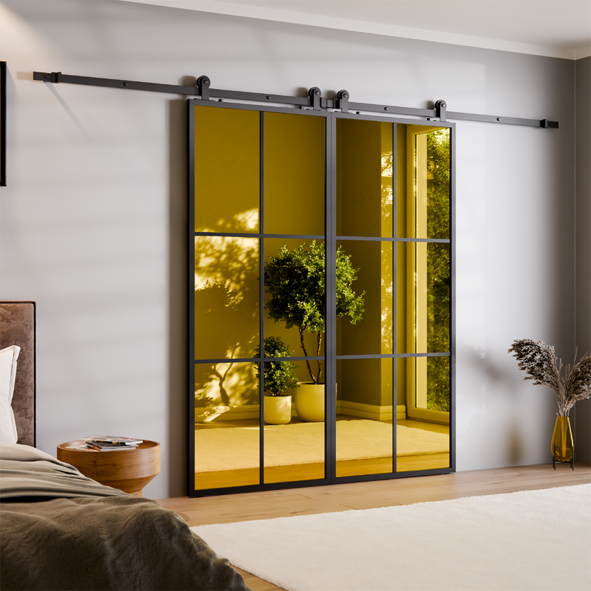 DRZWI PRZESUWNE BALDUR PODWÓJNE ALUMINIUM LOFT LUSTRO ZŁOTE 6 PÓL