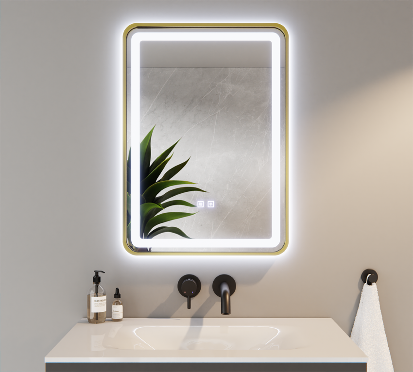 ♥ Lustro Zaokrąglone Rogi LED Tricolor w Złotej Ramie z Matą Grzewczą 50x70cm KEVIN ♥