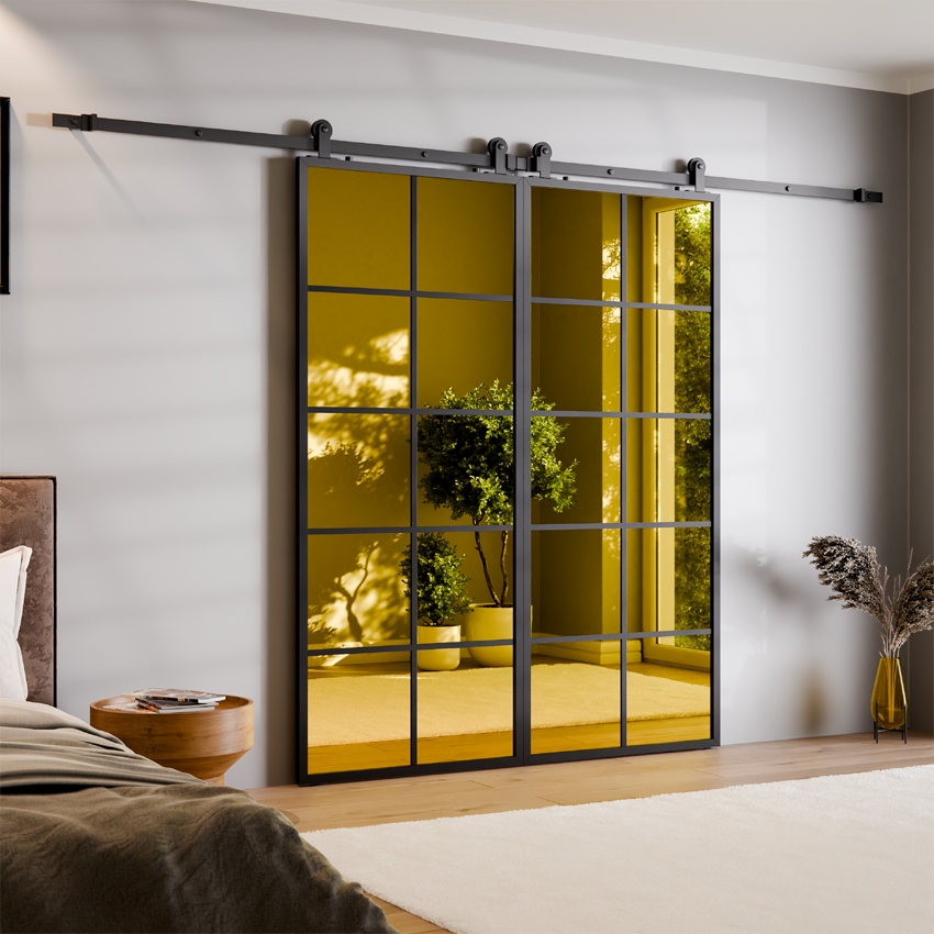 DRZWI PRZESUWNE BALDUR PODWÓJNE ALUMINIUM LOFT LUSTRO ZŁOTE 10 PÓL