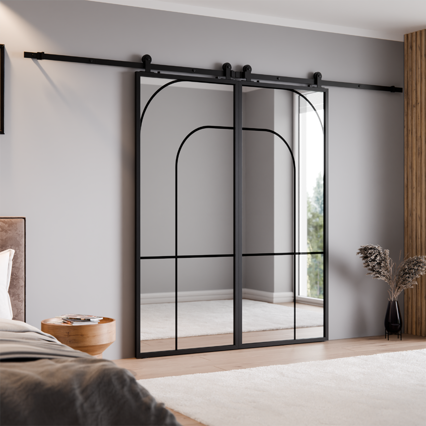 DRZWI PRZESUWNE BALDUR PODWÓJNE ALUMINIUM LOFT LUSTRO SREBRNE ŁUK 3