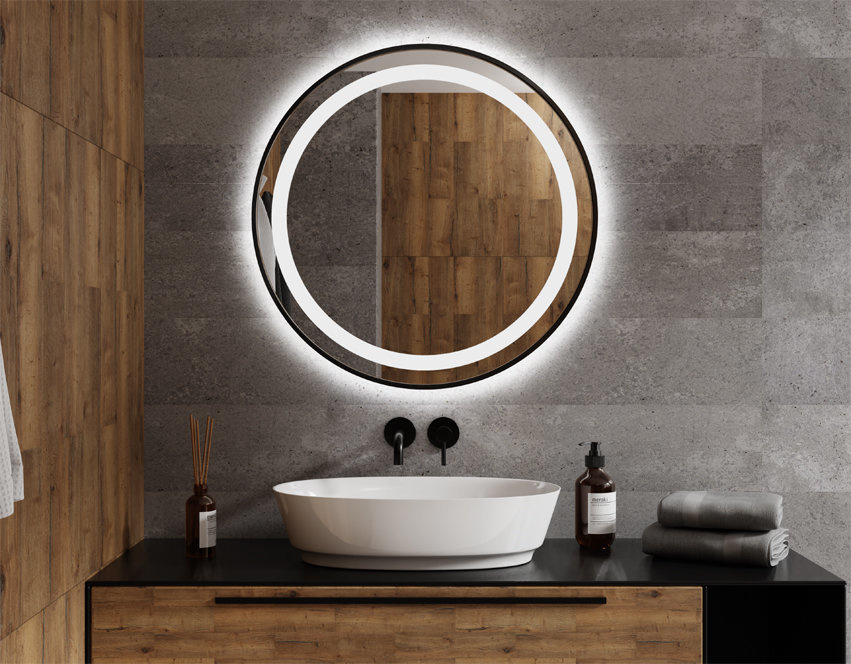 ♥ Lustro Okrągłe Ścienne w Czarnej Ramie 60cm Podświetlone LED NEMEZIS ♥