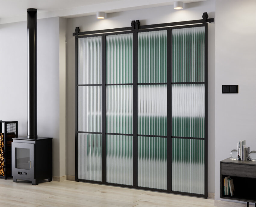 DRZWI PRZESUWNE HARMONIJKOWE PODWÓJNE ALUMINIUM LOFT FLUTEZ SZKŁO ORNAMENTOWE 2x97 LOKI