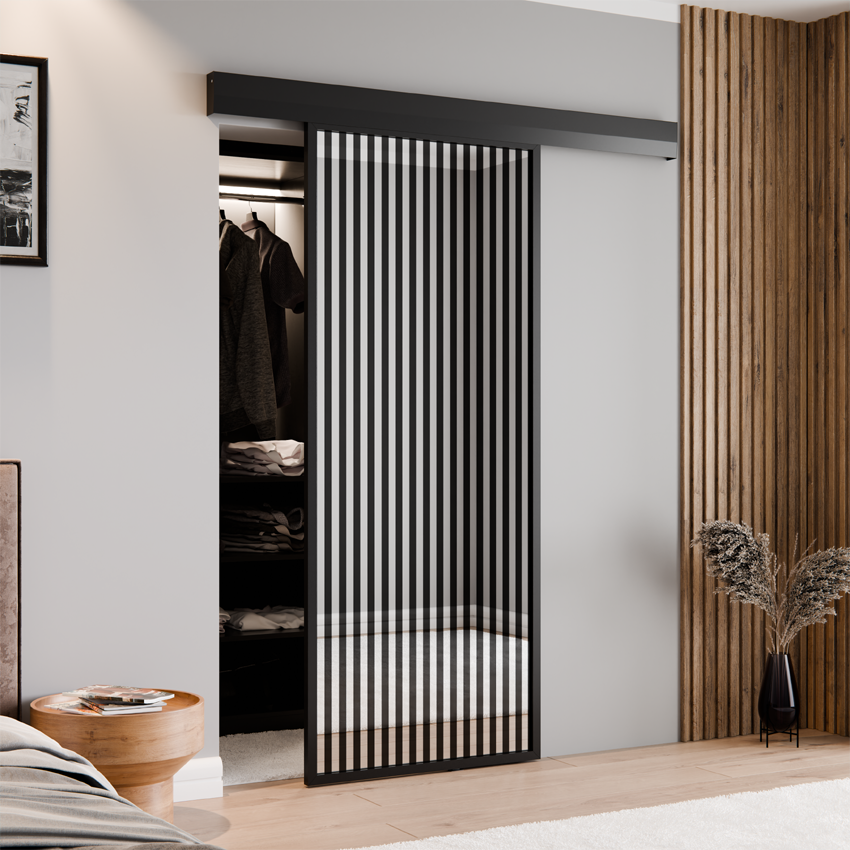 DRZWI PRZESUWNE SYSTEM ALUMINIUM CZARNE LUSTRO SREBRNE SZEROKIE LAMELE PASY THOR