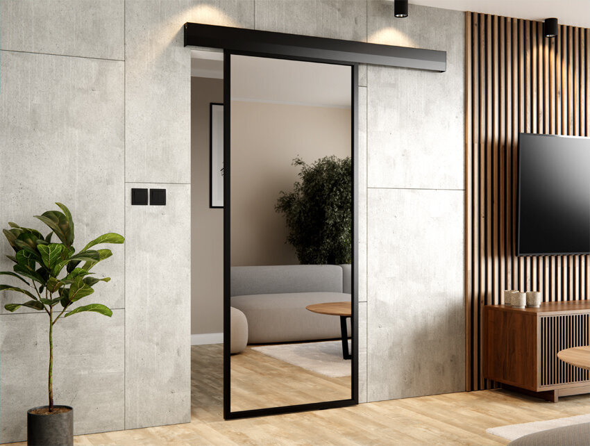 DRZWI PRZESUWNE SYSTEM ALUMINIUM CZARNE WYPEŁNIENIE LUSTRO SREBRNE 3+3 THOR Z Magazynu
