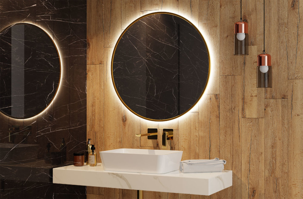 **Lustro Okrągłe Ścienne w Złotej Ramie 50cm Podświetlone LED**