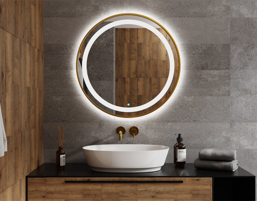 ♥ Lustro Okrągłe Ścienne w Złotej Ramie LED 70cm Włącznik Dotykowy + Mata Grzewcza NEMEZIS ♥
