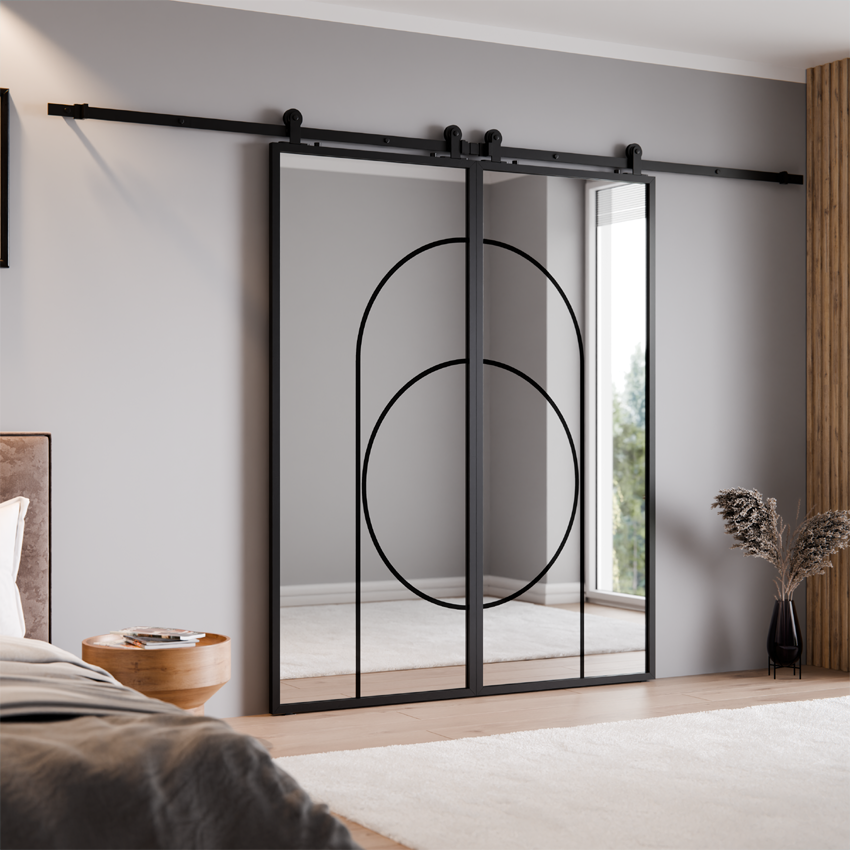 DRZWI PRZESUWNE BALDUR PODWÓJNE ALUMINIUM LOFT LUSTRO SREBRNE ŁUK 5