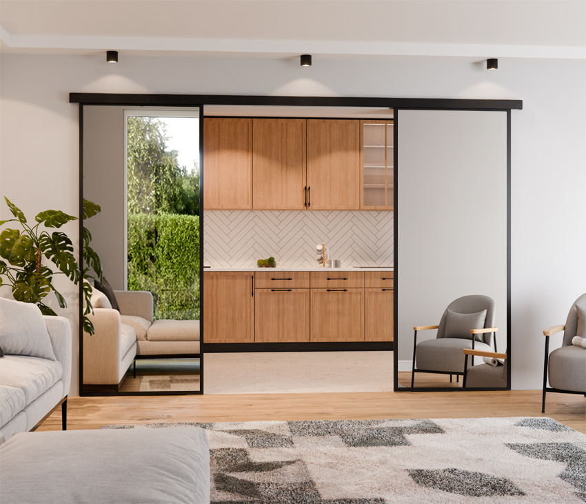 DRZWI PRZESUWNE PODWÓJNE NAŚCIENNE ALUMINIUM CZARNE WYPEŁNIENIE LUSTRO SREBRNE LAGUNA