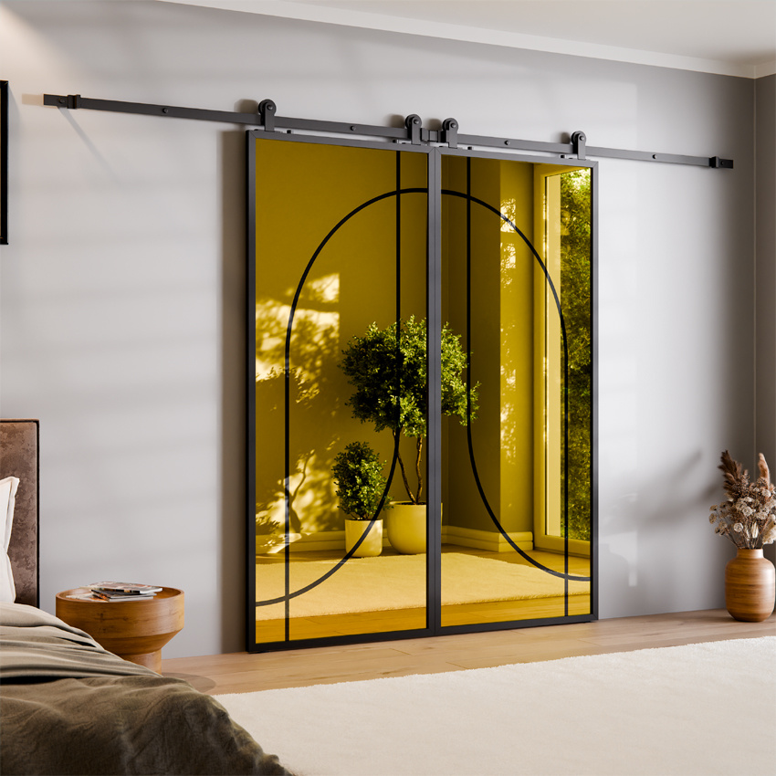 DRZWI PRZESUWNE BALDUR PODWÓJNE ALUMINIUM LOFT LUSTRO ZŁOTE ŁUK 4
