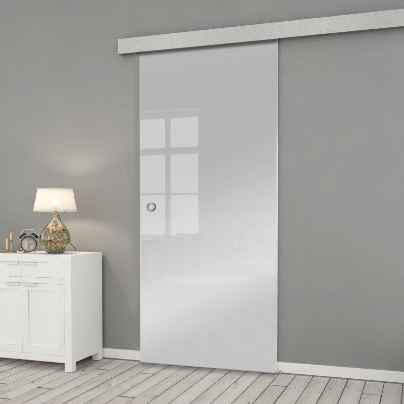 ♥ Drzwi Szklane Przesuwne 850x2095 SATYNA OptiWhite SILVER Z MUSZELKĄ ♥