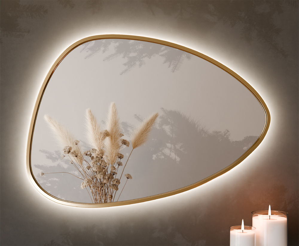 LUSTRO LED NIEREGULARNE PLAMA AMAZONIT RAMA ZŁOTA 50X70