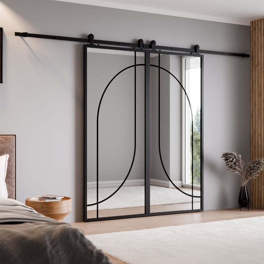 DRZWI PRZESUWNE BALDUR PODWÓJNE ALUMINIUM LOFT LUSTRO SREBRNE ŁUK 4