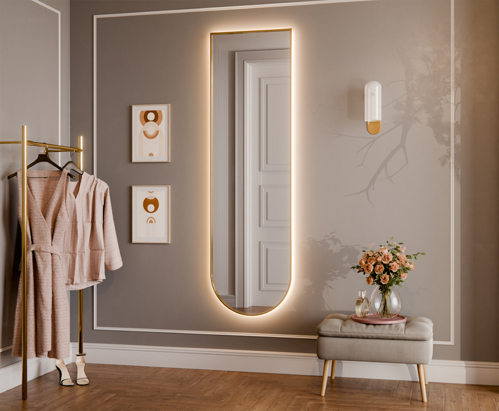 LUSTRO PÓŁOWALNE WISZĄCE ZŁOTA RAMA ALUMIUNIUM LED AURORA